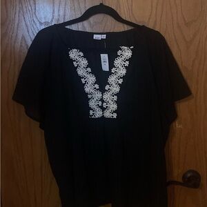 GAP Factory Black Gauze Flutter Sleeve Top With Embroidered Detail XXL NWT
